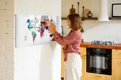 Magnetic glass dry erase board with a geometric world map print