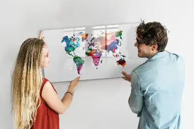 Magnetic glass dry erase board with a geometric world map print