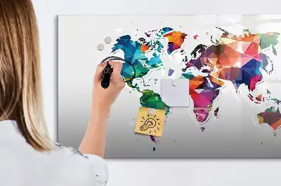 Magnetic glass dry erase board with a geometric world map print