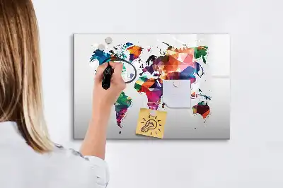 Magnetic glass dry erase board with a geometric world map print