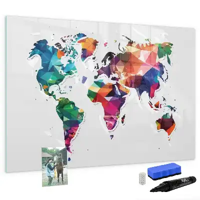 Magnetic glass dry erase board with a geometric world map print