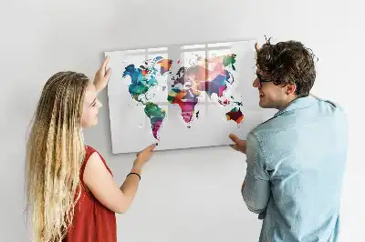 Magnetic glass dry erase board with a geometric world map print