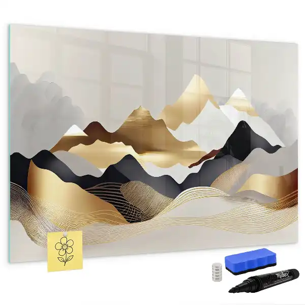 Magnetic glass dry erase board with mountain abstraction design
