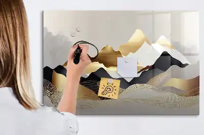 Magnetic glass dry erase board with mountain abstraction design