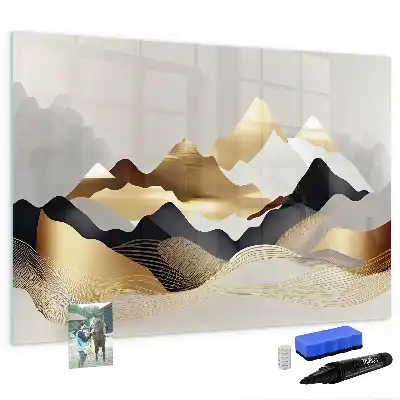 Magnetic glass dry erase board with mountain abstraction design