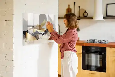 Magnetic glass dry erase board with mountain abstraction design