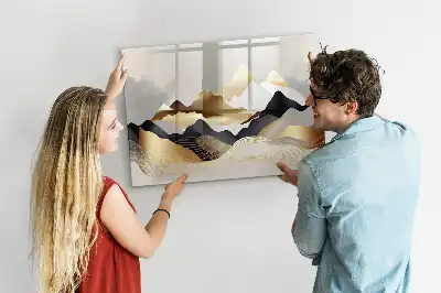 Magnetic glass dry erase board with mountain abstraction design