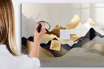 Magnetic glass dry erase board with mountain abstraction design