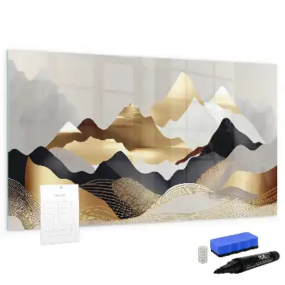 Magnetic glass dry erase board with mountain abstraction design