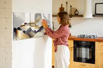 Magnetic glass dry erase board with mountain abstraction design