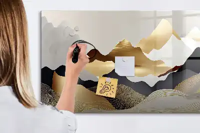 Magnetic glass dry erase board with mountain abstraction design