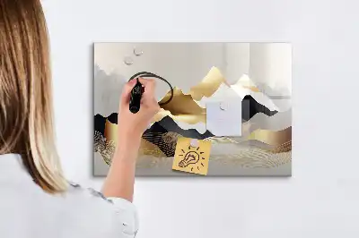Magnetic glass dry erase board with mountain abstraction design