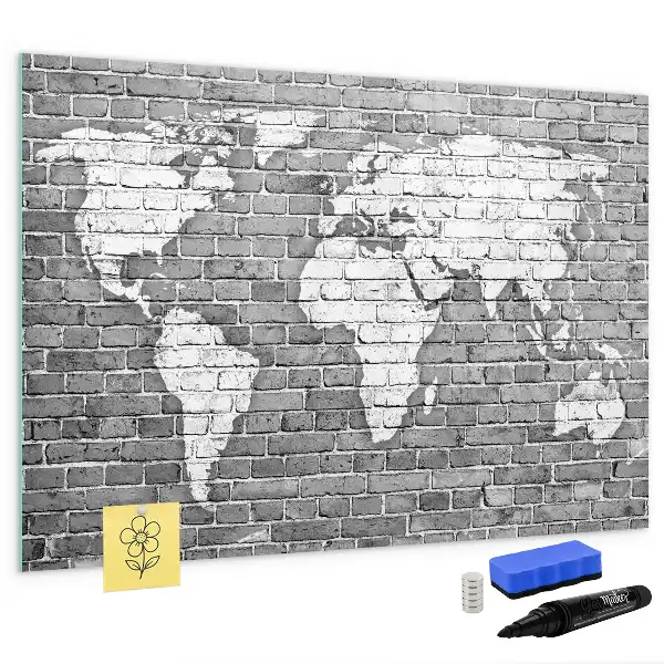 Magnetic glass dry erase board featuring a world map on a brick background