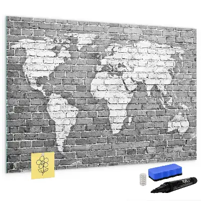 Magnetic glass dry erase board featuring a world map on a brick background