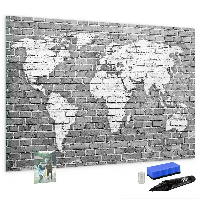 Magnetic glass dry erase board featuring a world map on a brick background