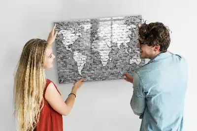 Magnetic glass dry erase board featuring a world map on a brick background