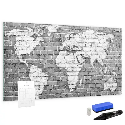 Magnetic glass dry erase board featuring a world map on a brick background