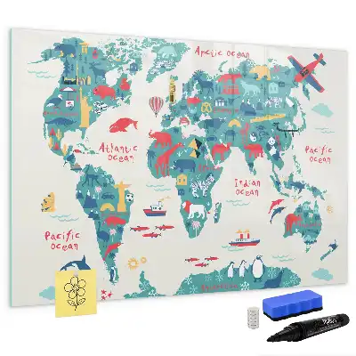 Magnetic world map whiteboard with illustrative pictures