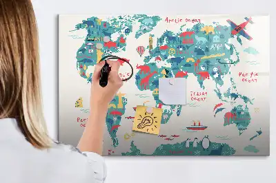 Magnetic world map whiteboard with illustrative pictures