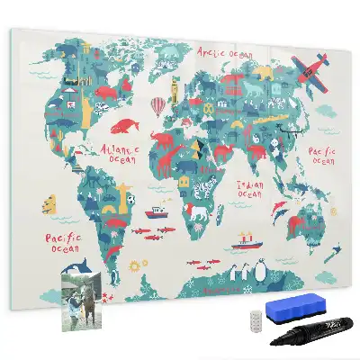 Magnetic world map whiteboard with illustrative pictures