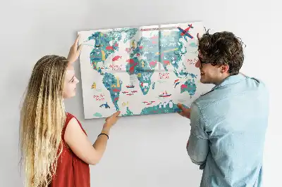 Magnetic world map whiteboard with illustrative pictures