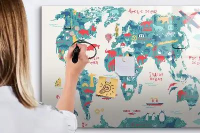 Magnetic world map whiteboard with illustrative pictures