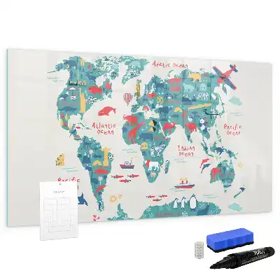 Magnetic world map whiteboard with illustrative pictures