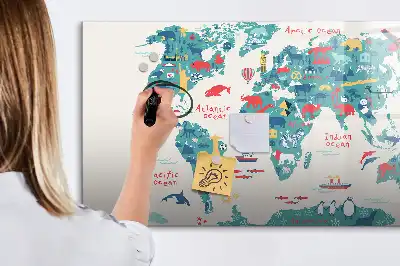 Magnetic world map whiteboard with illustrative pictures