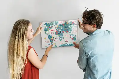 Magnetic world map whiteboard with illustrative pictures