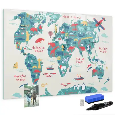 Magnetic world map whiteboard with illustrative pictures