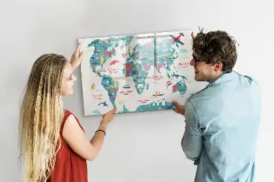 Magnetic world map whiteboard with illustrative pictures