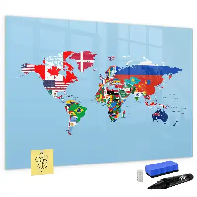 Magnetic glass dry erase board with a map and flags design