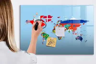 Magnetic glass dry erase board with a map and flags design