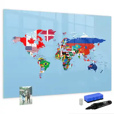 Magnetic glass dry erase board with a map and flags design
