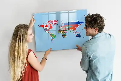 Magnetic glass dry erase board with a map and flags design