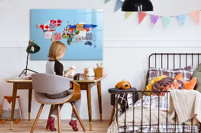 Magnetic glass dry erase board with a map and flags design