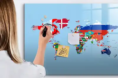 Magnetic glass dry erase board with a map and flags design