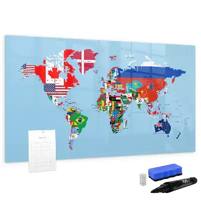 Magnetic glass dry erase board with a map and flags design
