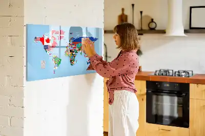 Magnetic glass dry erase board with a map and flags design