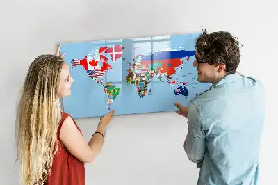 Magnetic glass dry erase board with a map and flags design