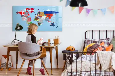 Magnetic glass dry erase board with a map and flags design