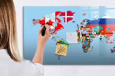 Magnetic glass dry erase board with a map and flags design