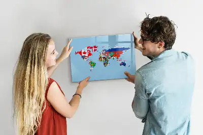 Magnetic glass dry erase board with a map and flags design