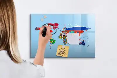 Magnetic glass dry erase board with a map and flags design
