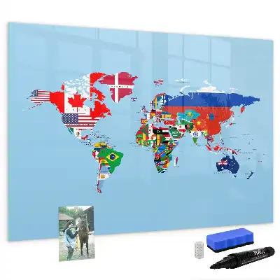 Magnetic glass dry erase board with a map and flags design