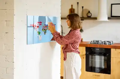 Magnetic glass dry erase board with a map and flags design