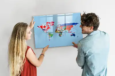Magnetic glass dry erase board with a map and flags design