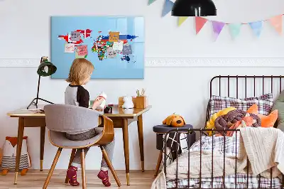 Magnetic glass dry erase board with a map and flags design