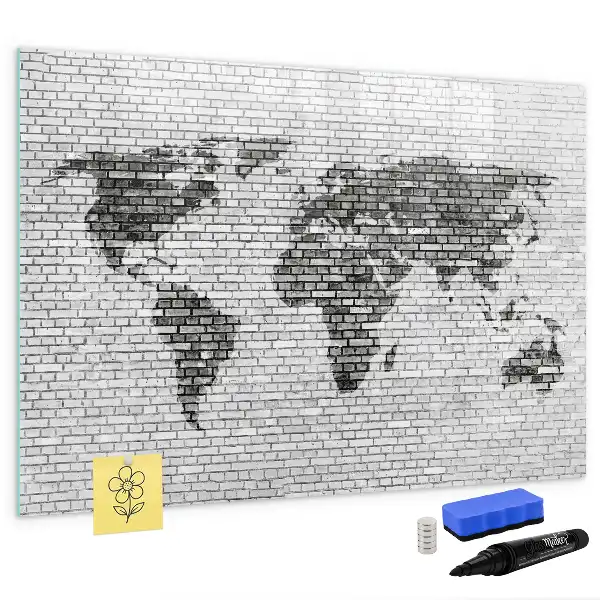 Magnetic glass dry erase board with world map on brick wall design