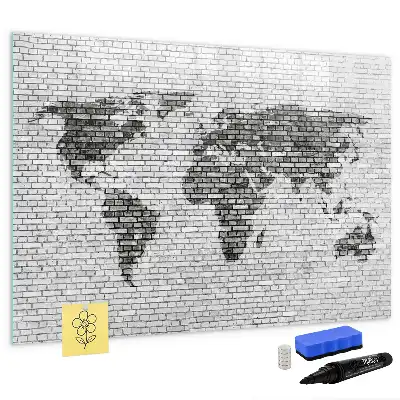 Magnetic glass dry erase board with world map on brick wall design